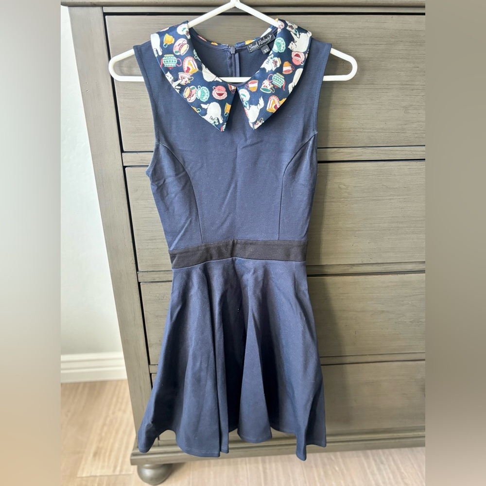 Smak Parlour Kittens and Teacups Navy Blue Peter Pan Collar Skater Dress XS - Picture 5 of 6